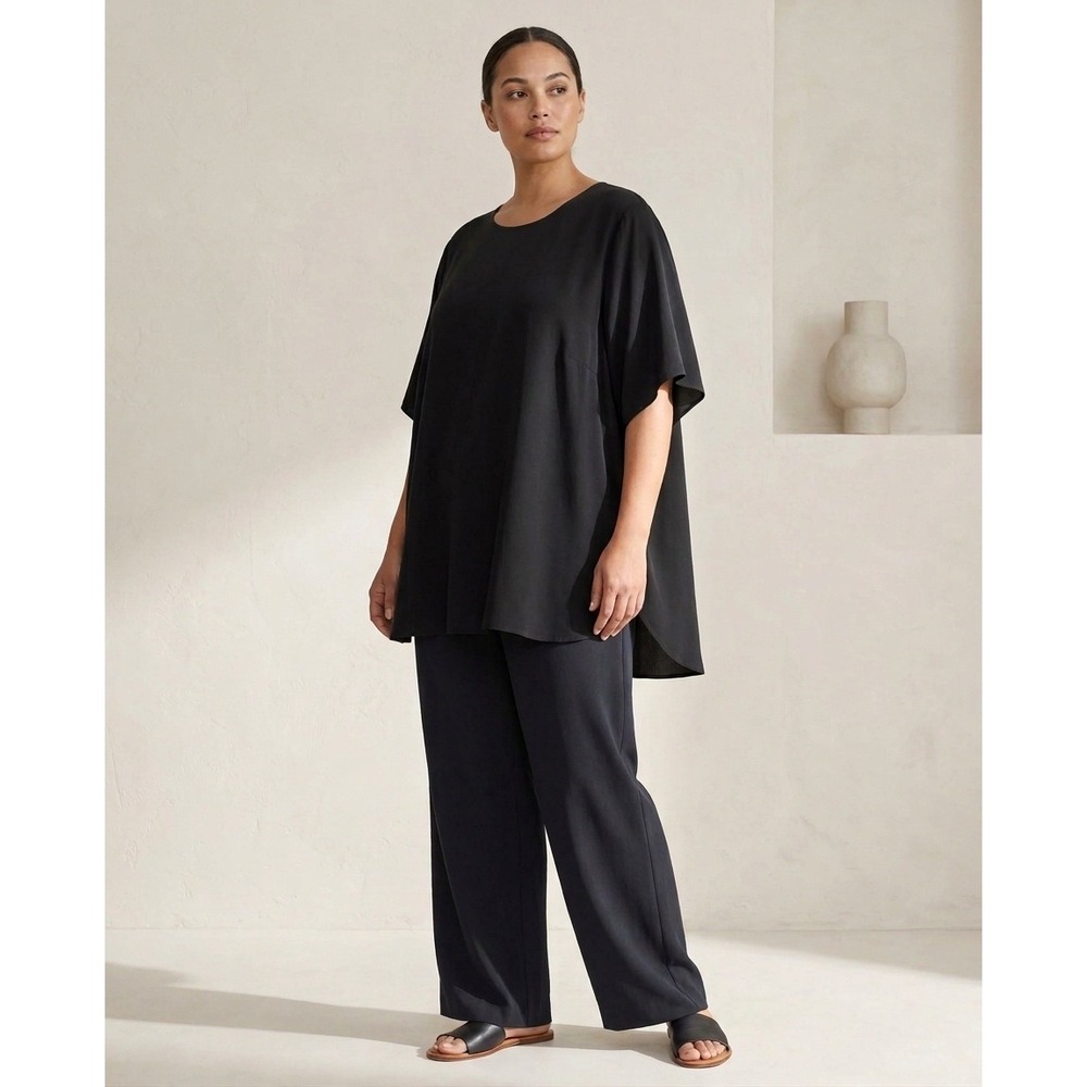 Eileen Fisher Black 100% Silk Tunic Blouse Plus Size 1X Quiet Luxury Minimalist